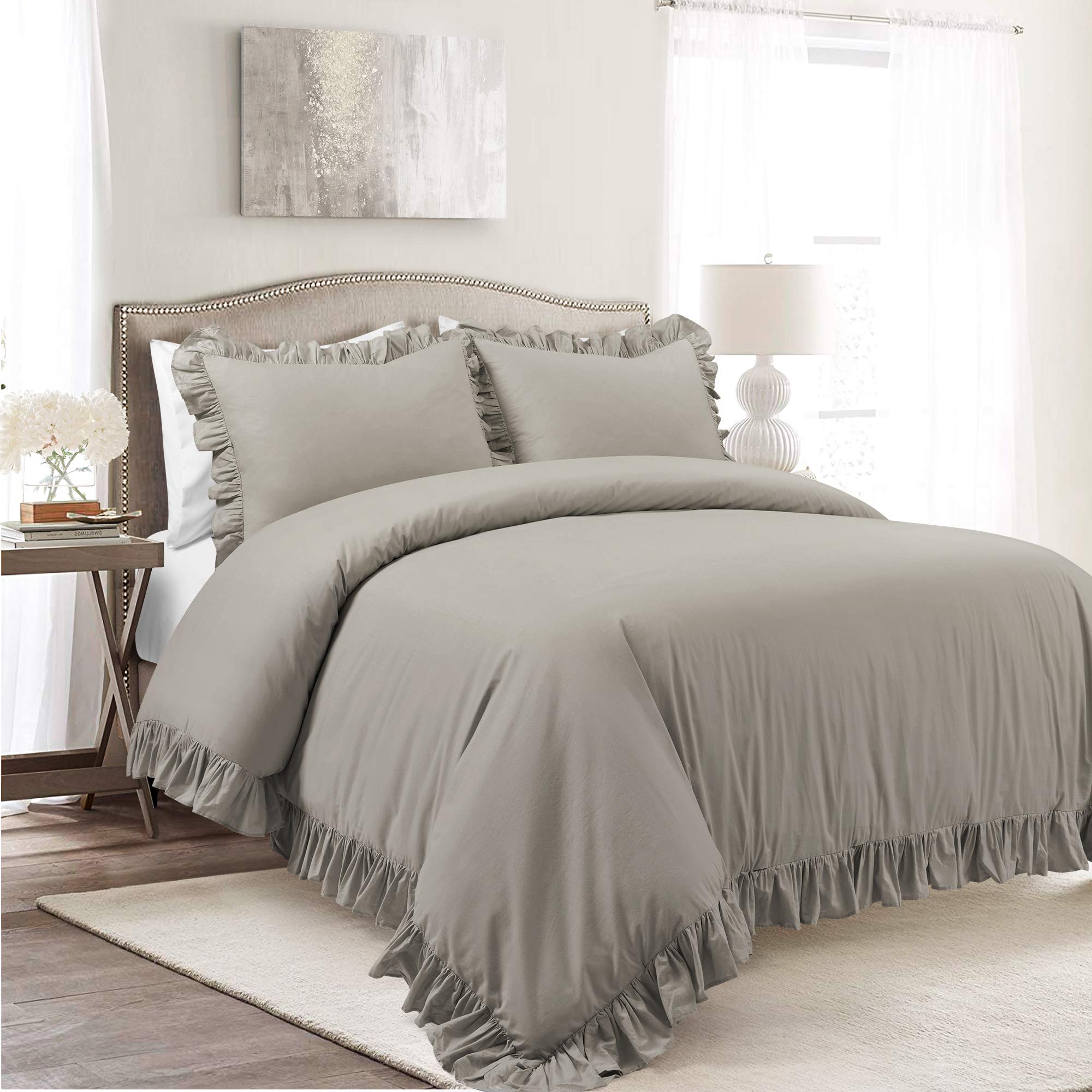 Lush Decor Reyna Ruffle 100% Cotton Duvet Cover Set - 3 Piece Cozy Ruffled Bedding Set - Timeless Elegance And Comfort - Full/ Q